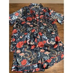 Their Nibs Blue Satin Anthropologie Pajama Set Snake Flowers Crescent Moon Sz L